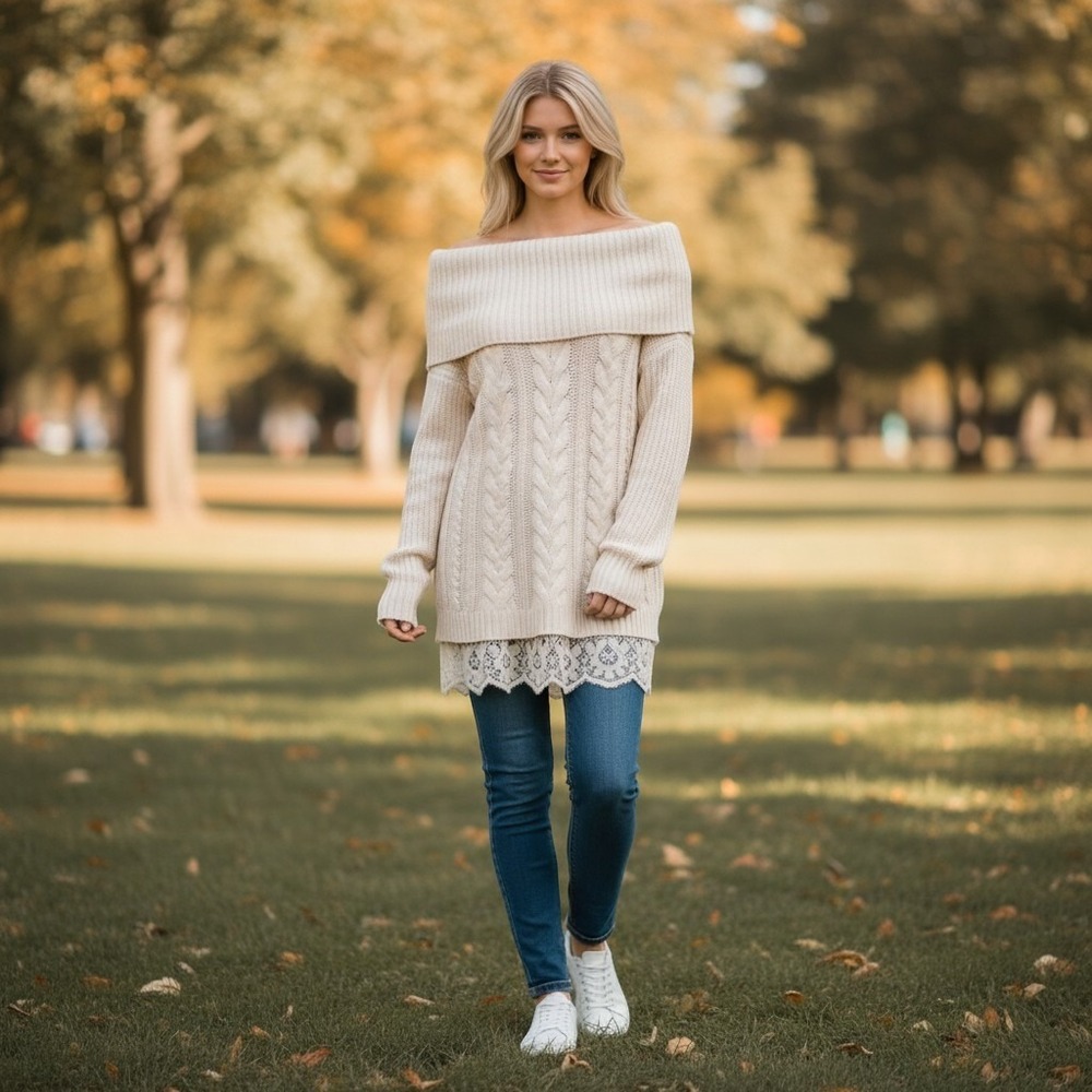 Knox Rose Cream Cable Knit Off-the-Shoulder Sweater Lace Trim XL boho romantic